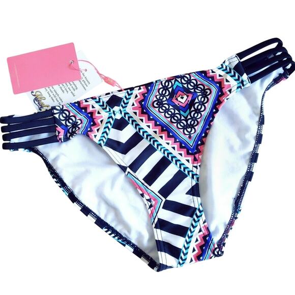 HEAT Swimwear Tribal Beat 4 string strappy printed swim bikini bottom Size L NEW - Picture 1 of 8
